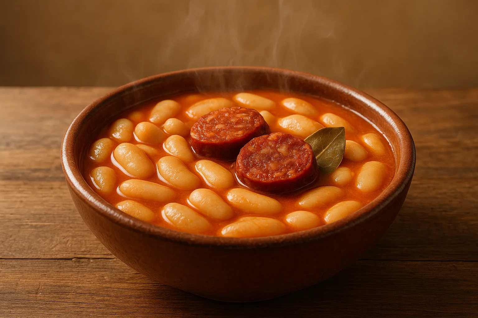 Finished and plated dish: La Granja White Beans with Chorizo (Judiones de La Granja)