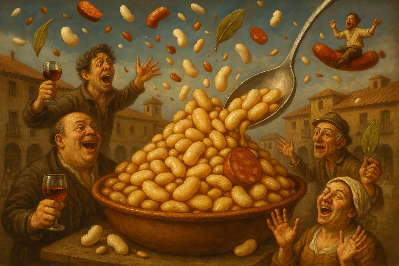 Composición final humorística de La Granja White Beans with Chorizo (Judiones de La Granja) con Judiones de La Granja (Large white beans), Water, Onion, Bay leaf, Chorizo