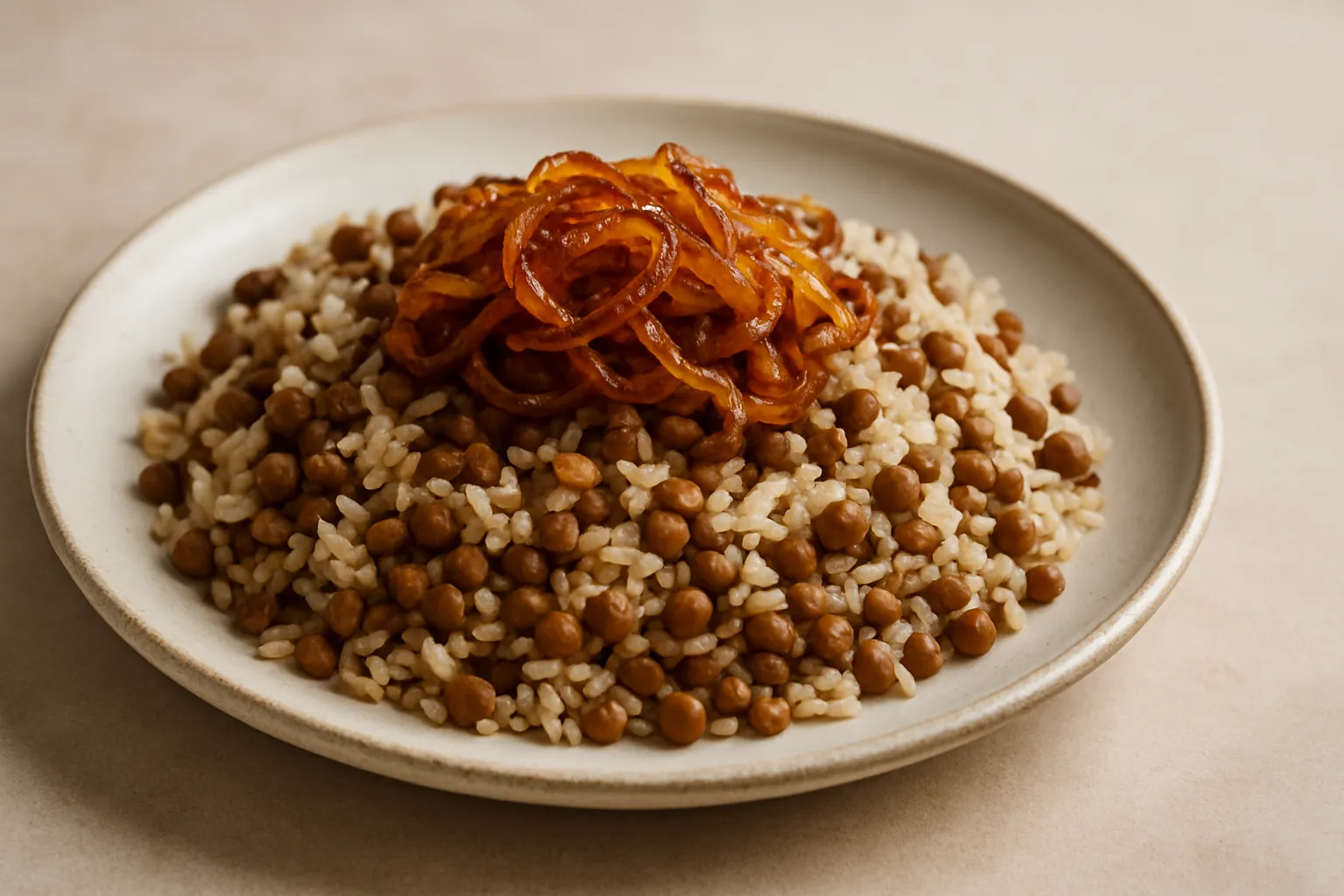 Finished and plated dish: Lentil and Rice Mujaddara with Caramelized Onion