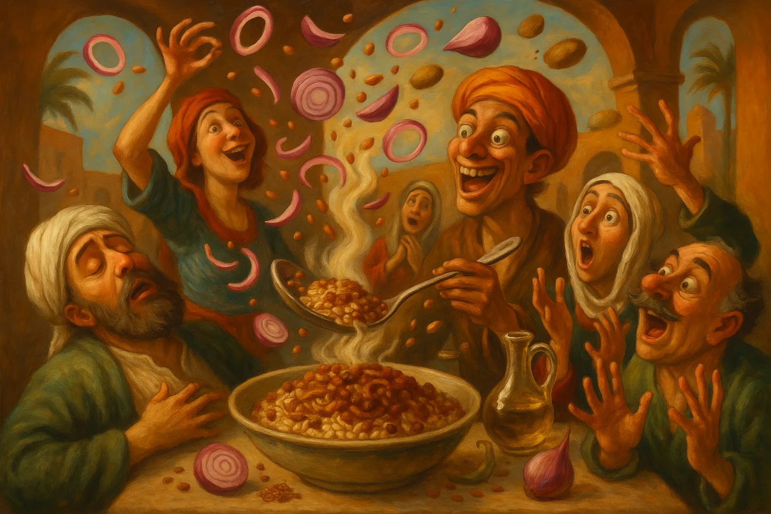 Composición final humorística de Lentil and Rice Mujaddara with Caramelized Onion con Brown lentils, Long grain rice, Red onion, Olive oil, Cumin powder