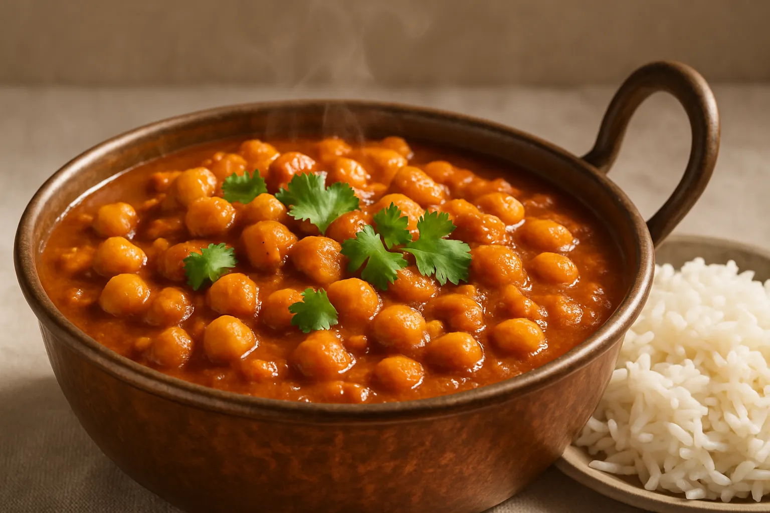 Finished and plated dish: Vegan Chana Masala (spiced chickpea curry)