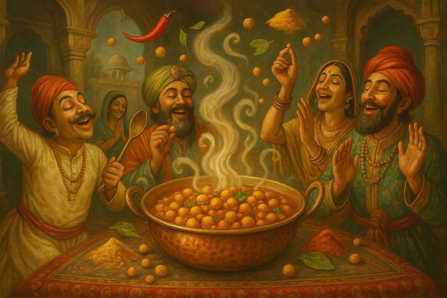 Composición final humorística de Vegan Chana Masala (spiced chickpea curry) con Cooked chickpeas, Onion, Garlic, Grated fresh ginger, Vegetable oil