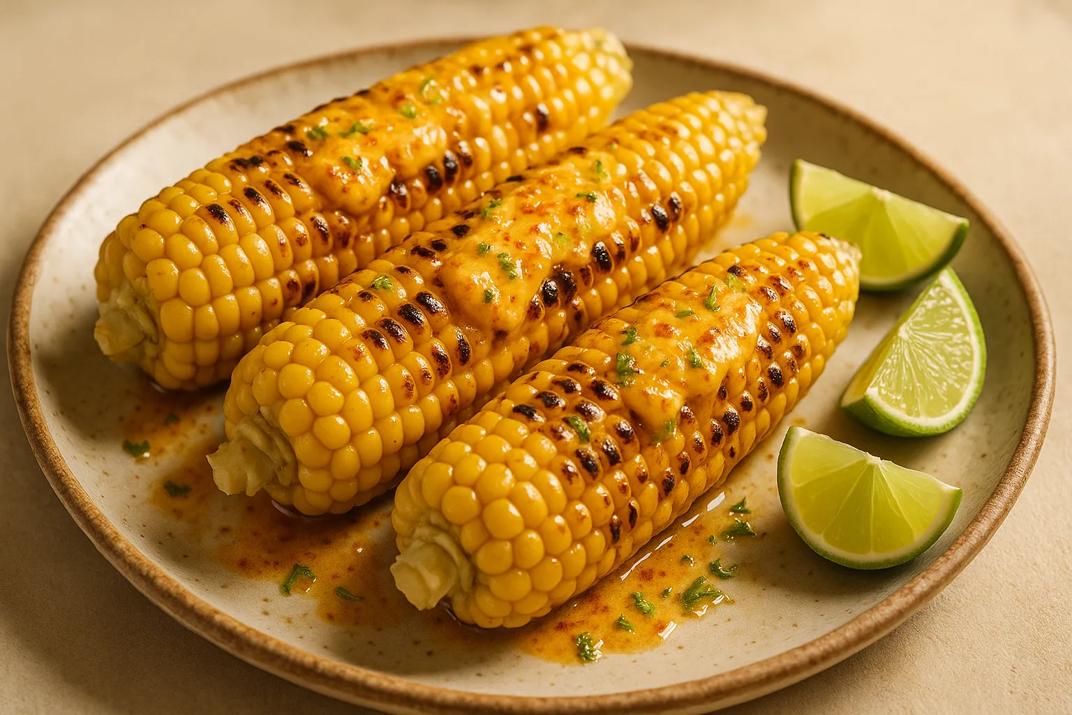 Finished and plated dish: Grilled corn on the cob with spiced butter and lime