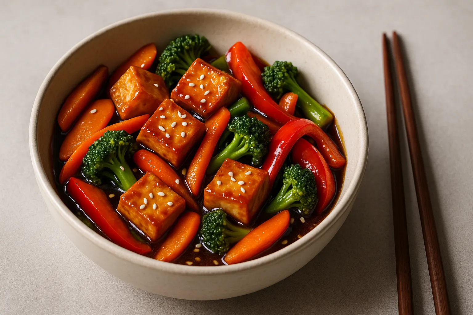 Finished and plated dish: Vegan Tofu and vegetable stir-fry with teriyaki sauce
