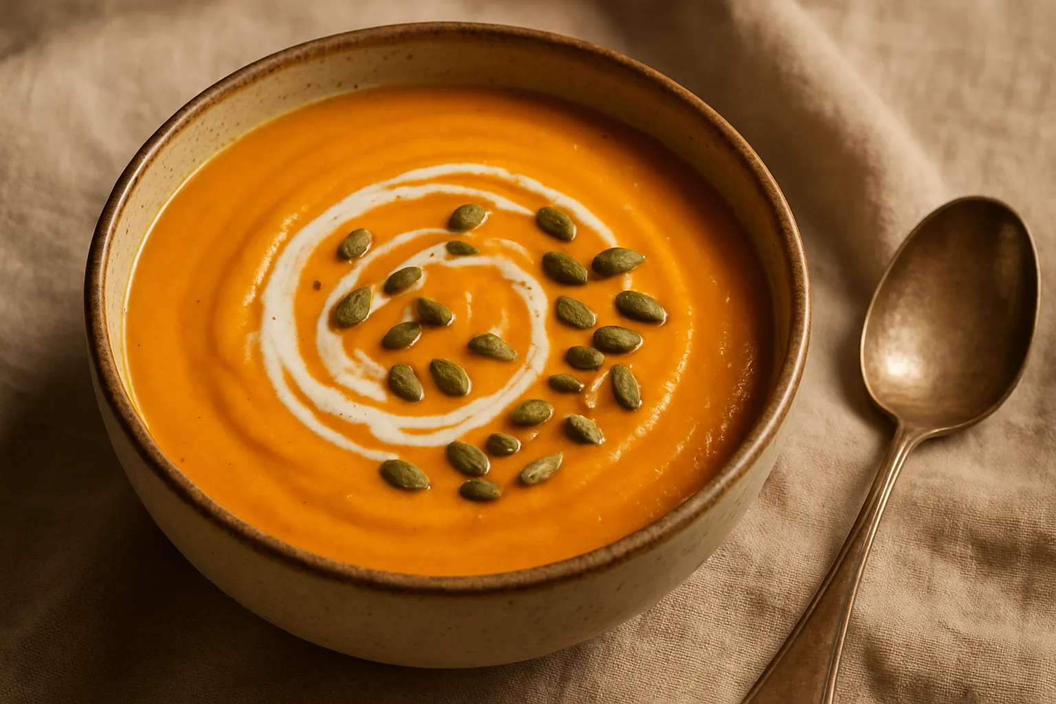 Finished and plated dish: Vegan Roasted pumpkin cream with ginger and coconut