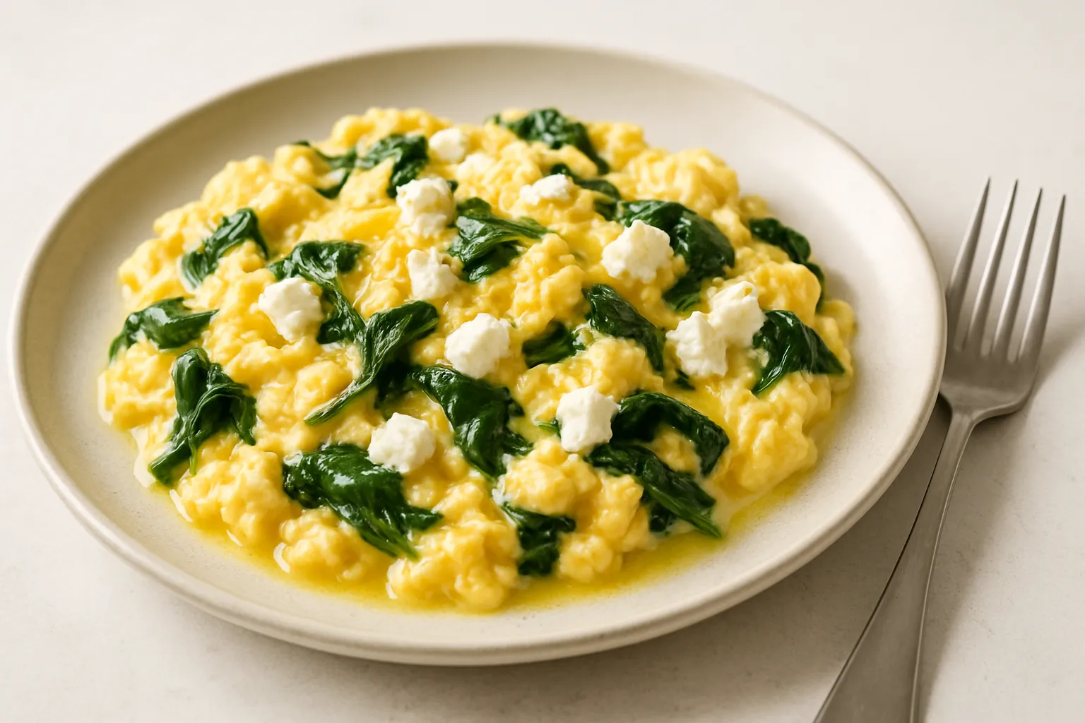 Finished and plated dish: Scrambled eggs with spinach and feta cheese