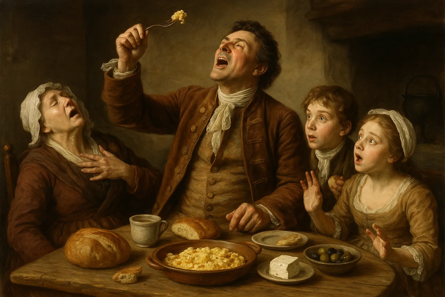 Composición final humorística de Scrambled eggs with spinach and feta cheese con Fresh spinach, Olive oil, Eggs, Salt, Ground black pepper