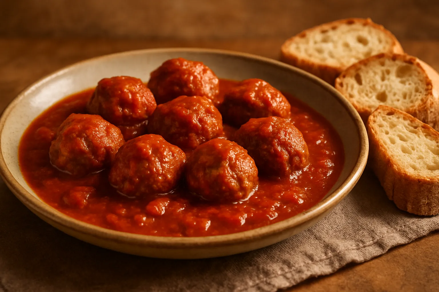 Finished and plated dish: Meatballs in homemade tomato sauce