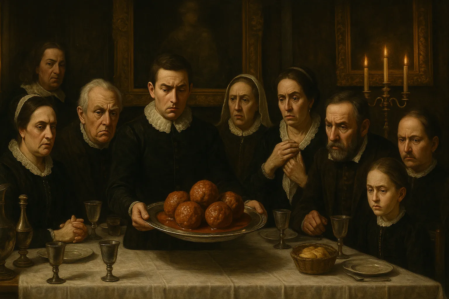 Composición final humorística de Meatballs in homemade tomato sauce con Mixed minced meat, Egg, Garlic, Breadcrumbs, Milk