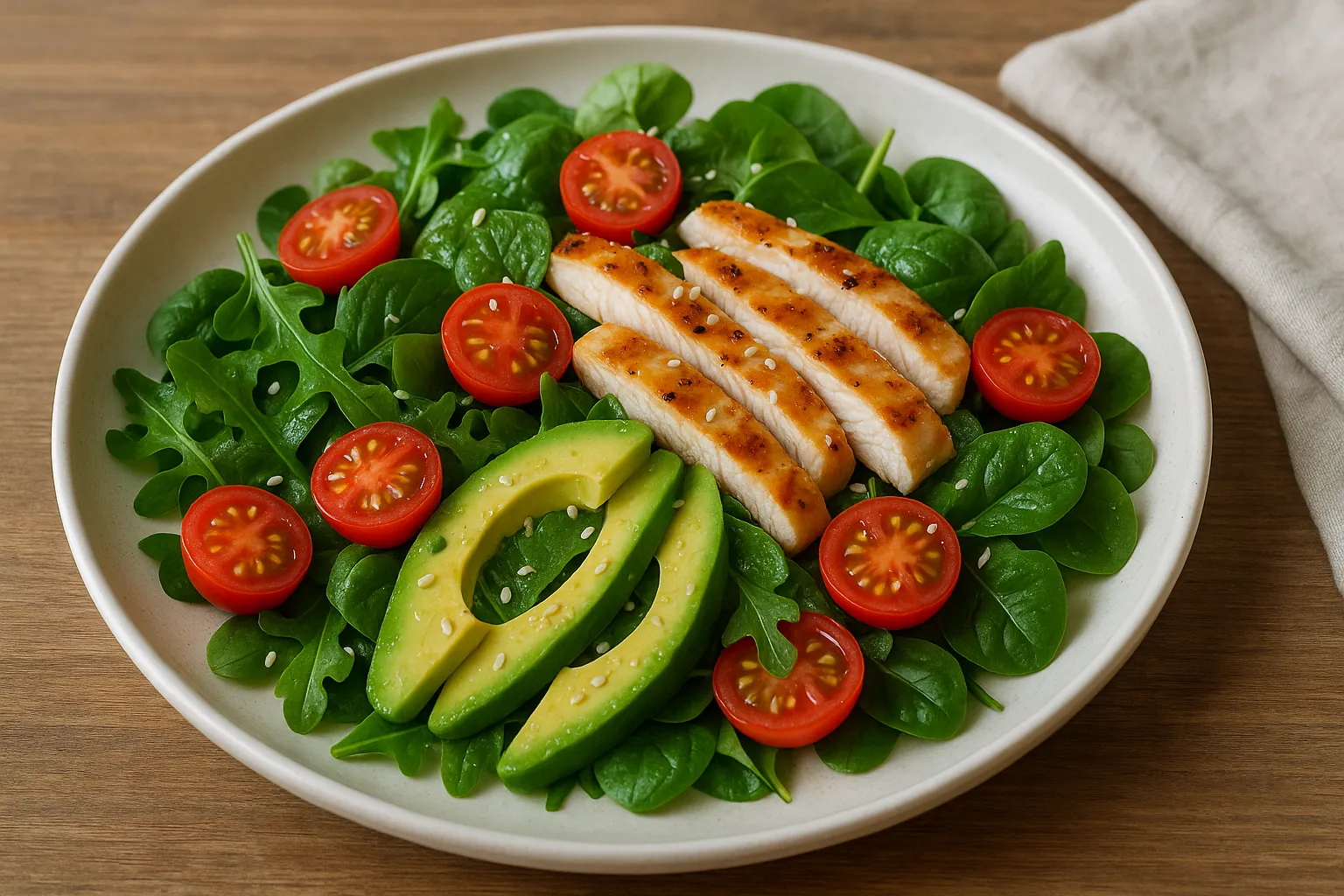 Finished and plated dish: Californian salad with grilled chicken and avocado