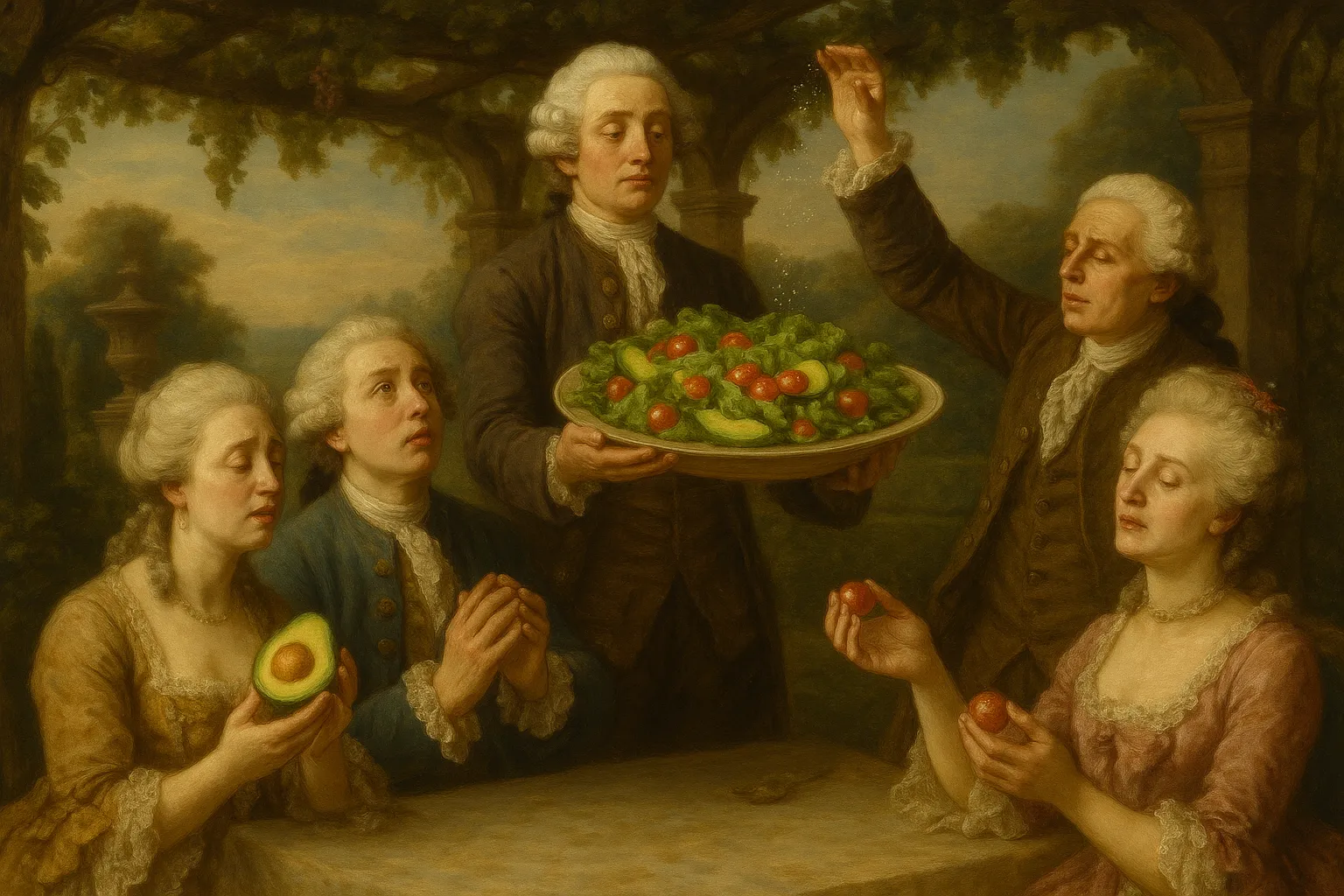 Composición final humorística de Californian salad with grilled chicken and avocado con arugula, baby spinach, cherry tomatoes, chicken breast, olive oil