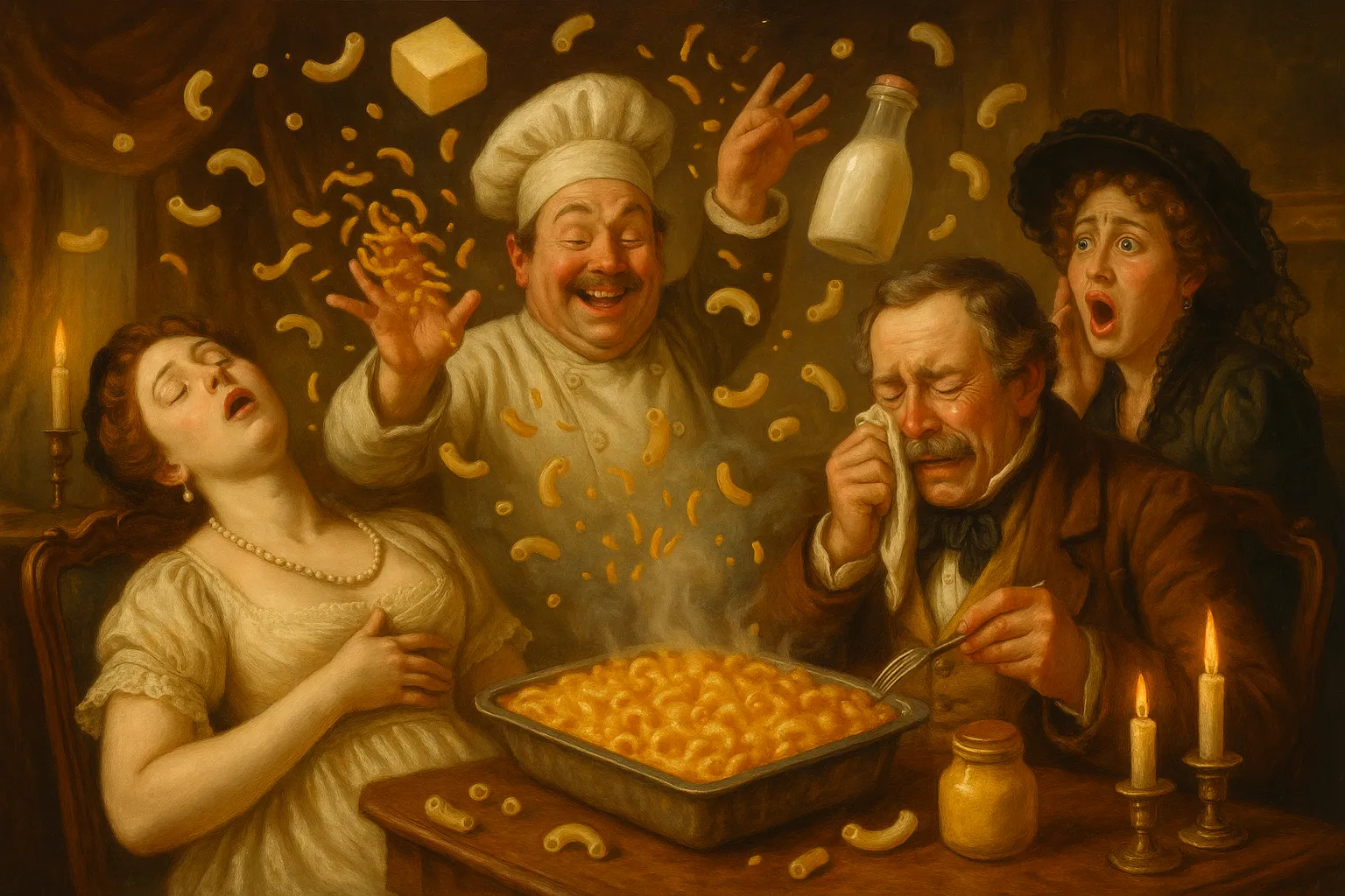 Composición final humorística de Southern Style Mac and Cheese con Macaroni, Butter, Wheat flour, Whole milk, Cheddar cheese