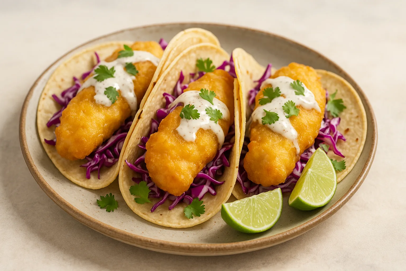 Finished and plated dish: Baja California style fish tacos