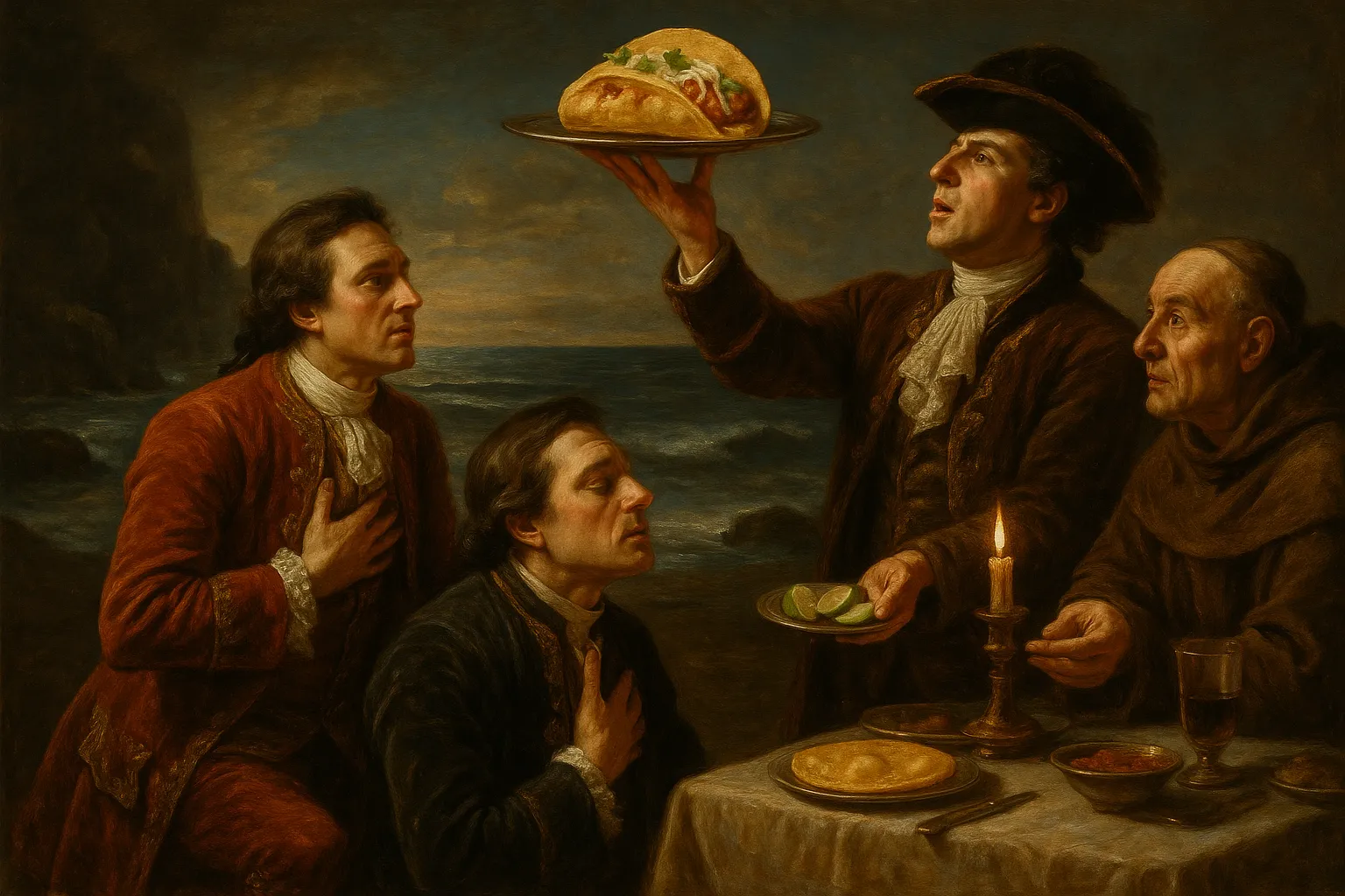 Composición final humorística de Baja California style fish tacos con white fish fillets, salt, ground black pepper, lime juice, wheat flour