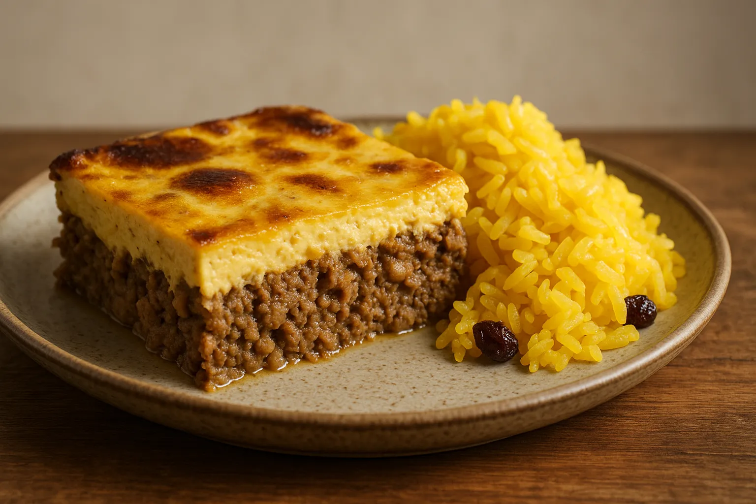 Finished and plated dish: South African Bobotie with Yellow Rice