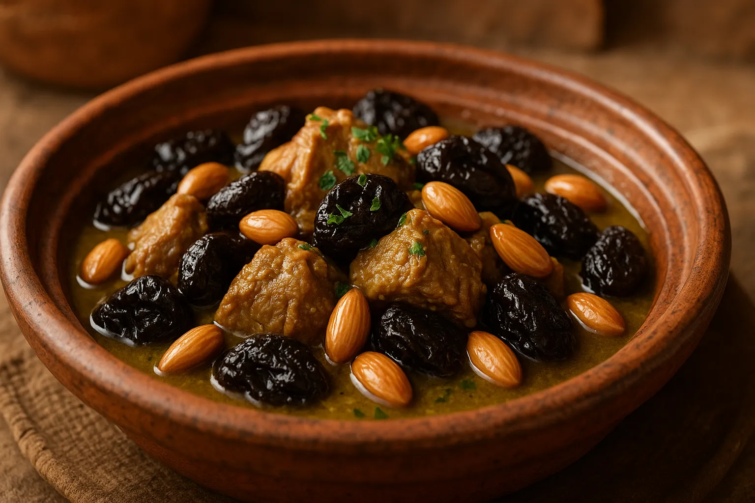 Finished and plated dish: Lamb Tagine with Prunes and Almonds