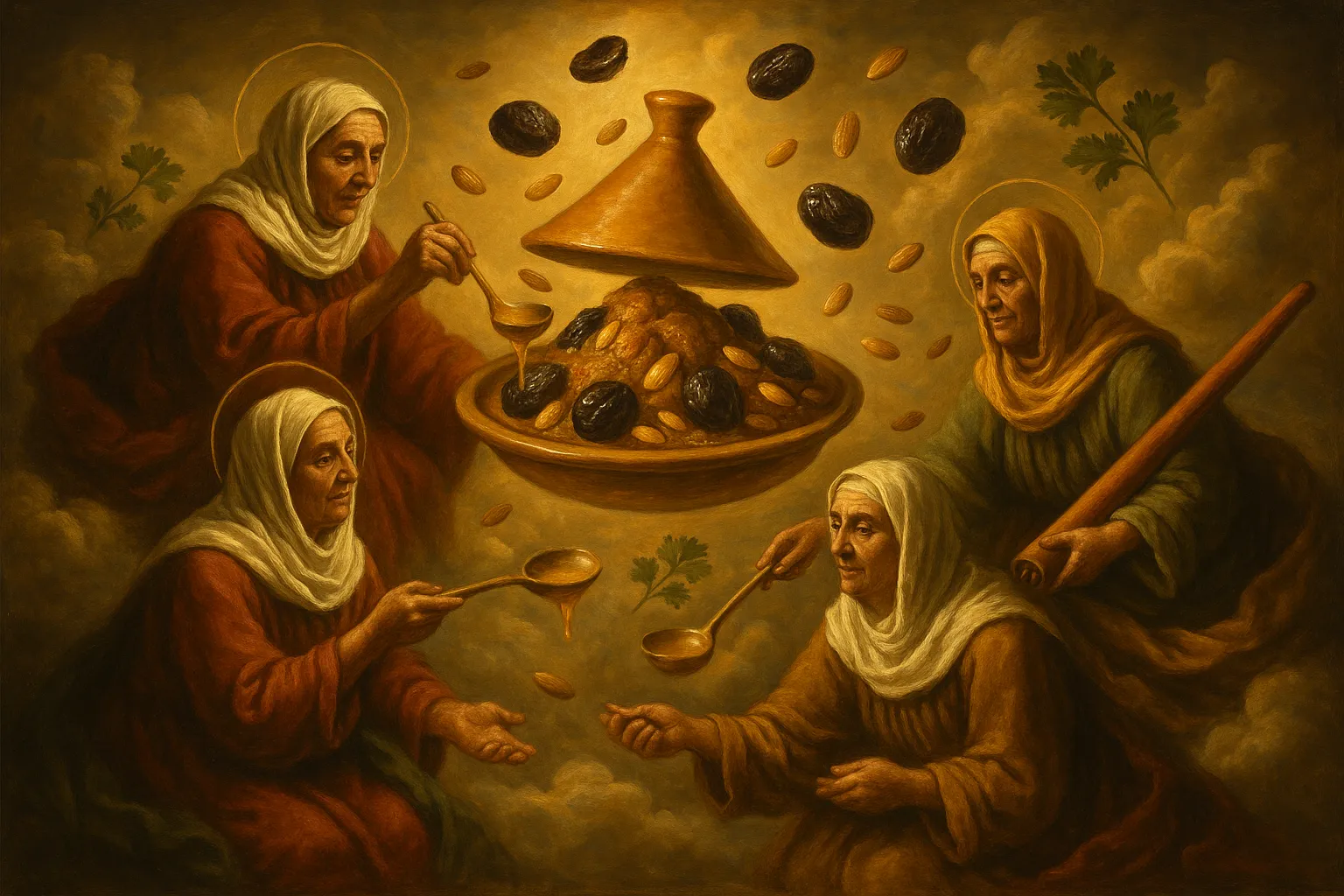 Composición final humorística de Lamb Tagine with Prunes and Almonds con lamb meat, olive oil, onion, fresh ginger, turmeric