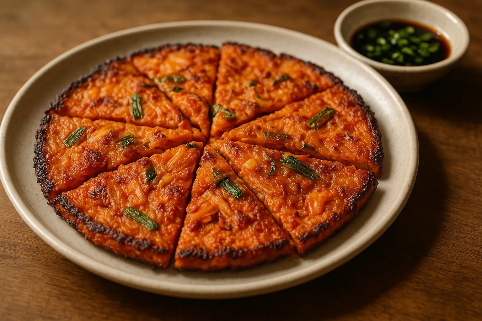 Finished and plated dish: Kimchi jeon (Korean kimchi pancake)