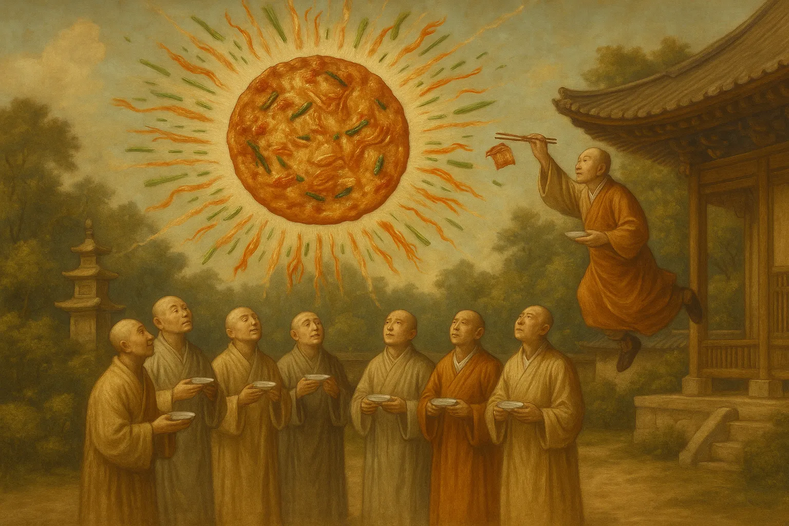 Composición final humorística de Kimchi jeon (Korean kimchi pancake) con kimchi, kimchi juice, wheat flour, water, egg