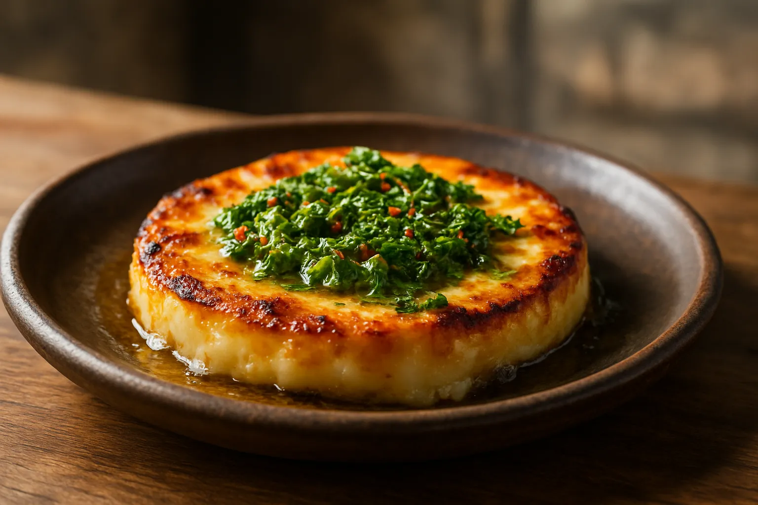 Finished and plated dish: Grilled provoleta with chimichurri
