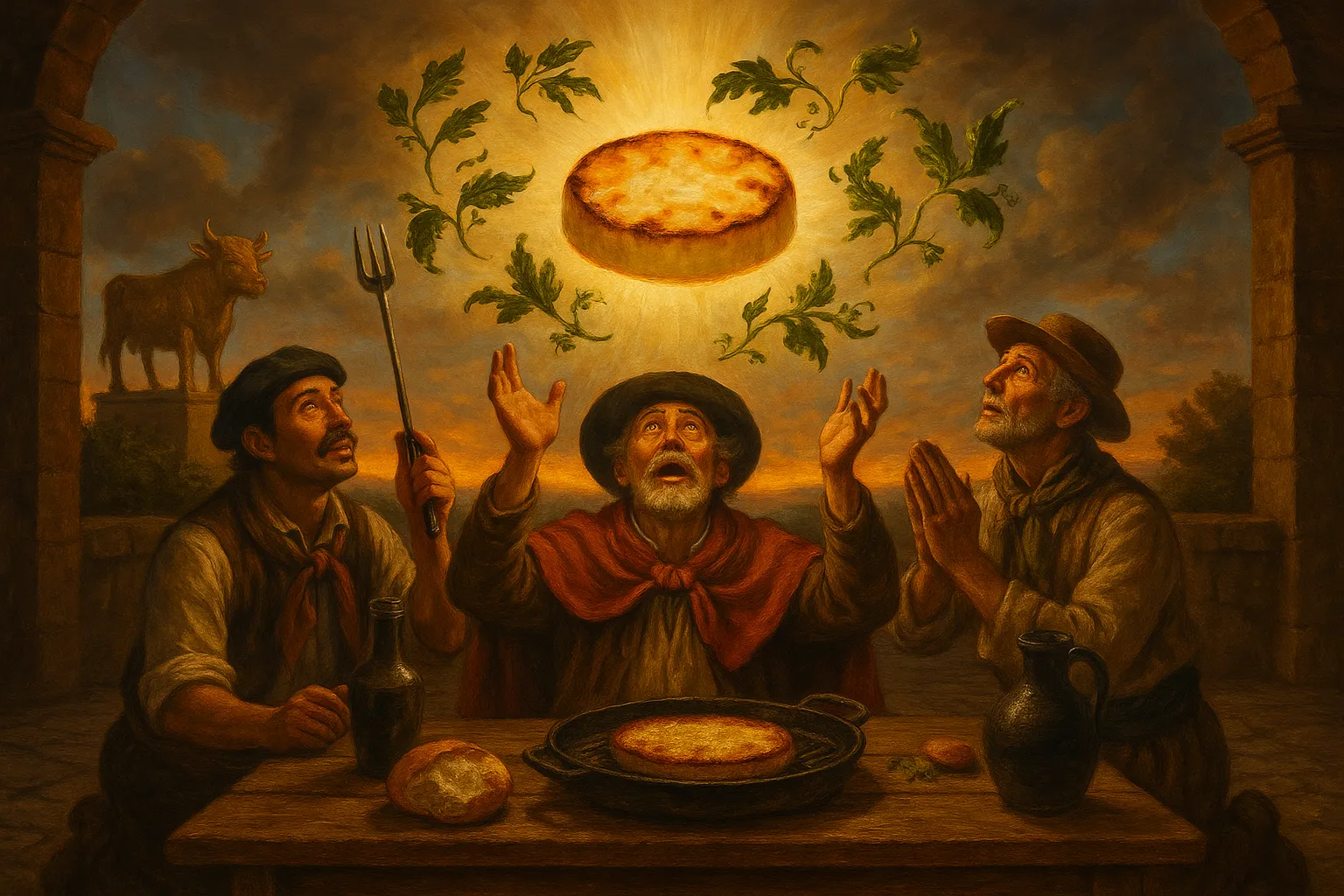 Composición final humorística de Grilled provoleta with chimichurri con provolone cheese, fresh parsley, garlic, dried oregano, wine vinegar