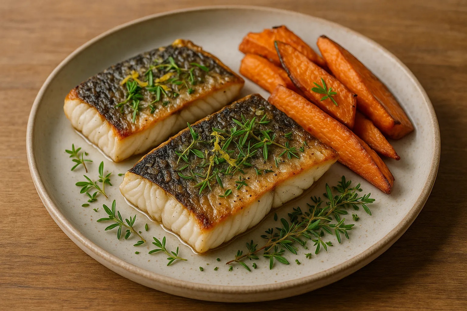 Finished and plated dish: Grilled barramundi with lemon and native herbs