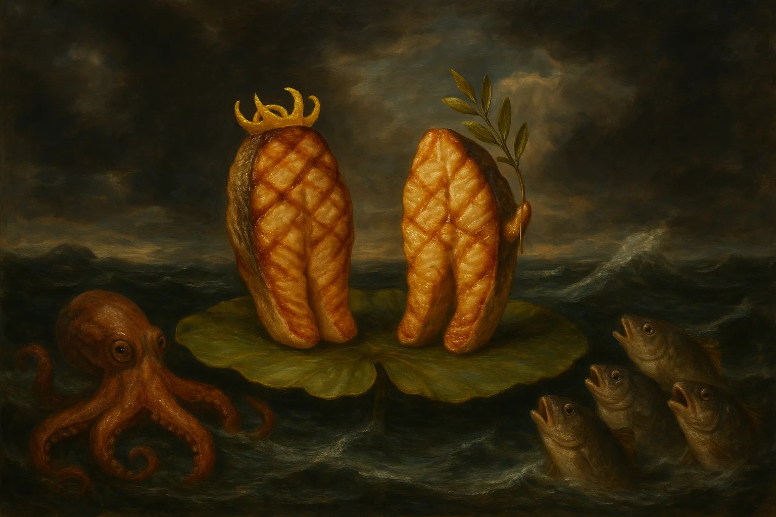 Composición final humorística de Grilled barramundi with lemon and native herbs con barramundi fillets, olive oil, salt, black pepper, lemon