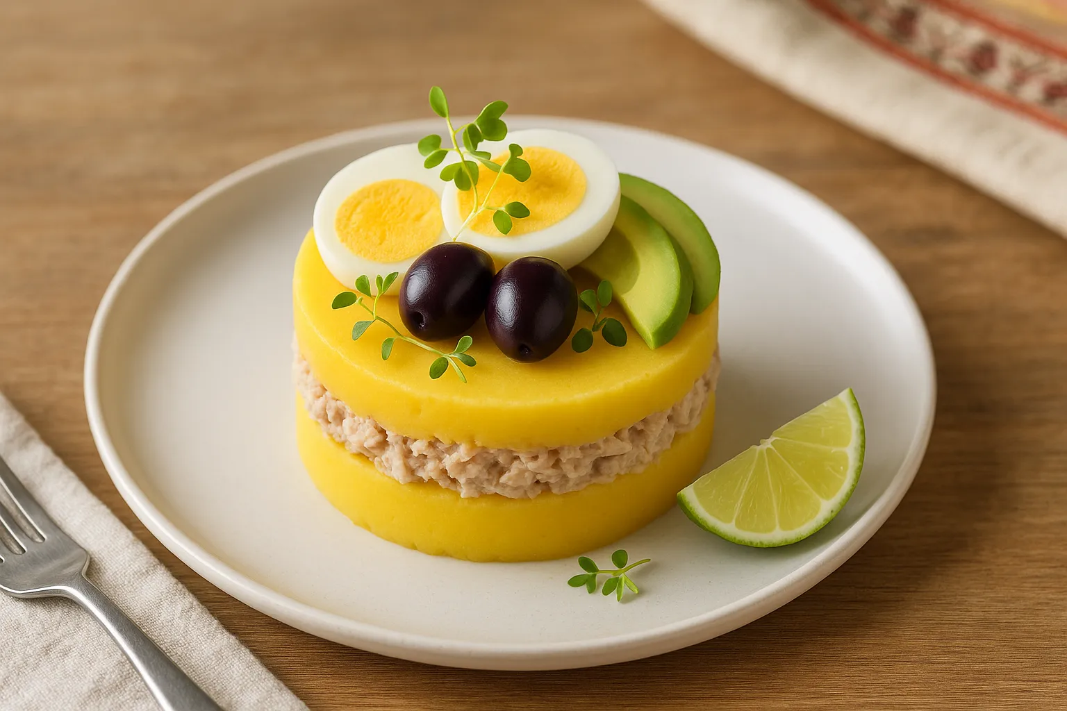 Finished and plated dish: Tuna Causa Limeña