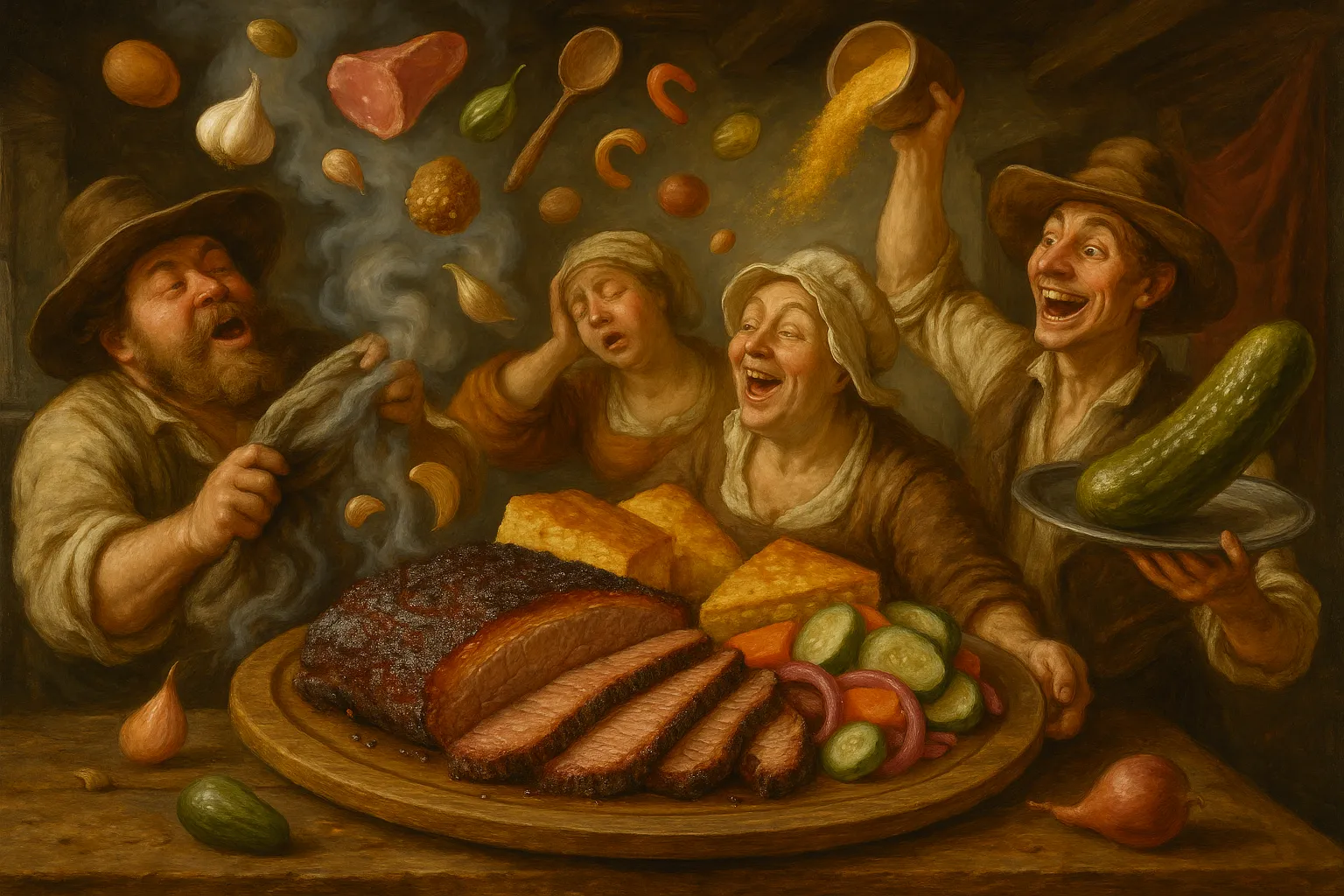 Composición final humorística de Texas-style Smoked Brisket con beef brisket, salt, black pepper, sweet paprika, garlic powder