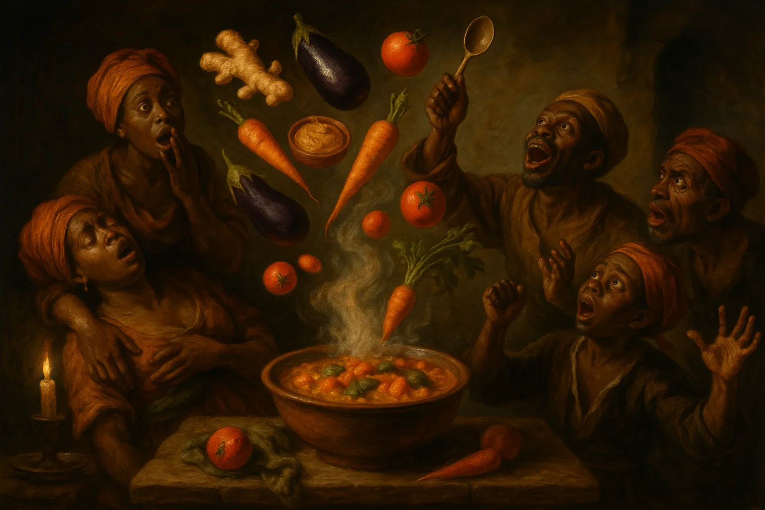 Composición final humorística de Vegan Peanut and Ginger Vegetable Mafe con Eggplant, Carrots, Zucchini, Ripe tomatoes, Onion