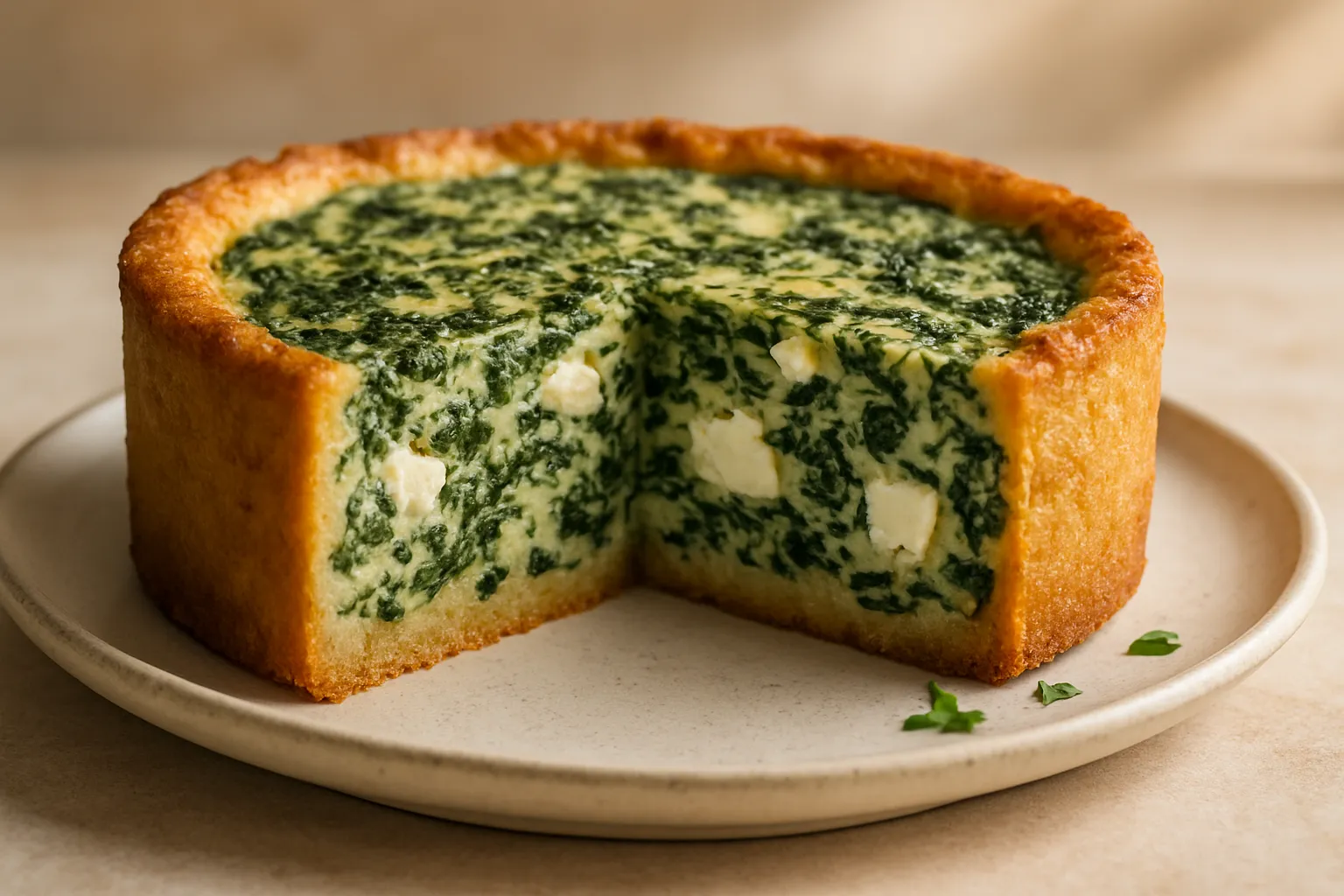 Finished and plated dish: Spinach and Feta Quiche in Cassava Crust