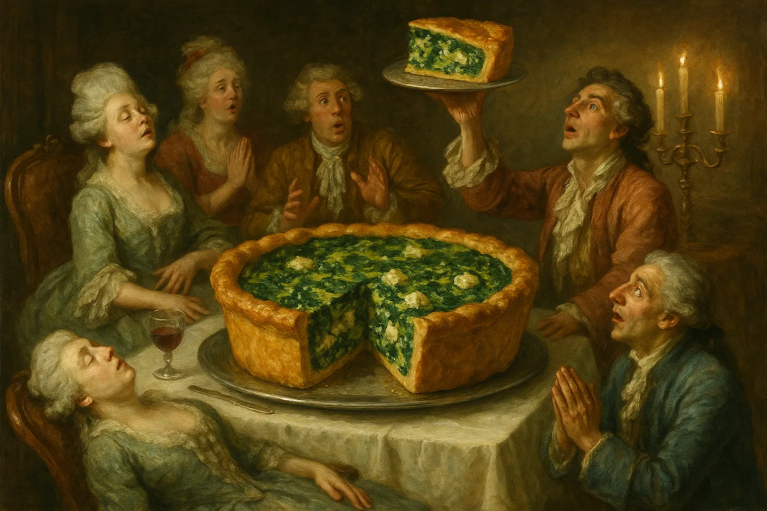 Composición final humorística de Spinach and Feta Quiche in Cassava Crust con Cassava, Salt, Fresh spinach, Eggs, Plant-based cream