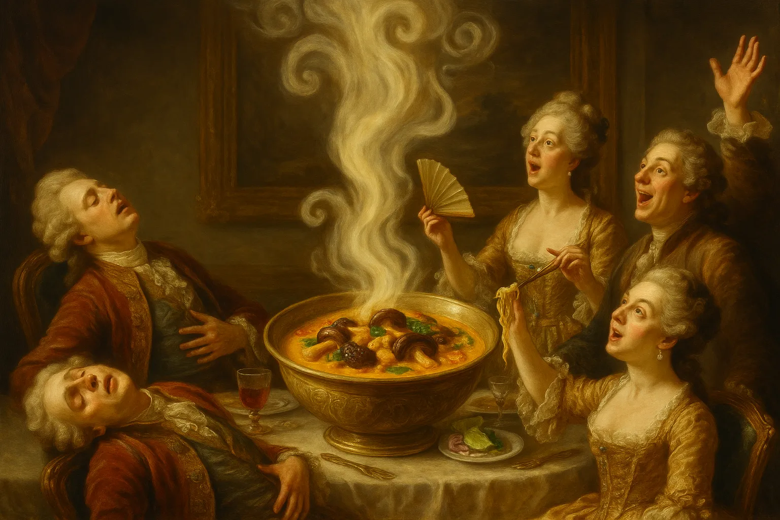 Composición final humorística de Vegan Shiitake Mushroom Khao Soi con Dried shiitake mushrooms, Garlic, Fresh ginger, Red curry paste, Turmeric powder