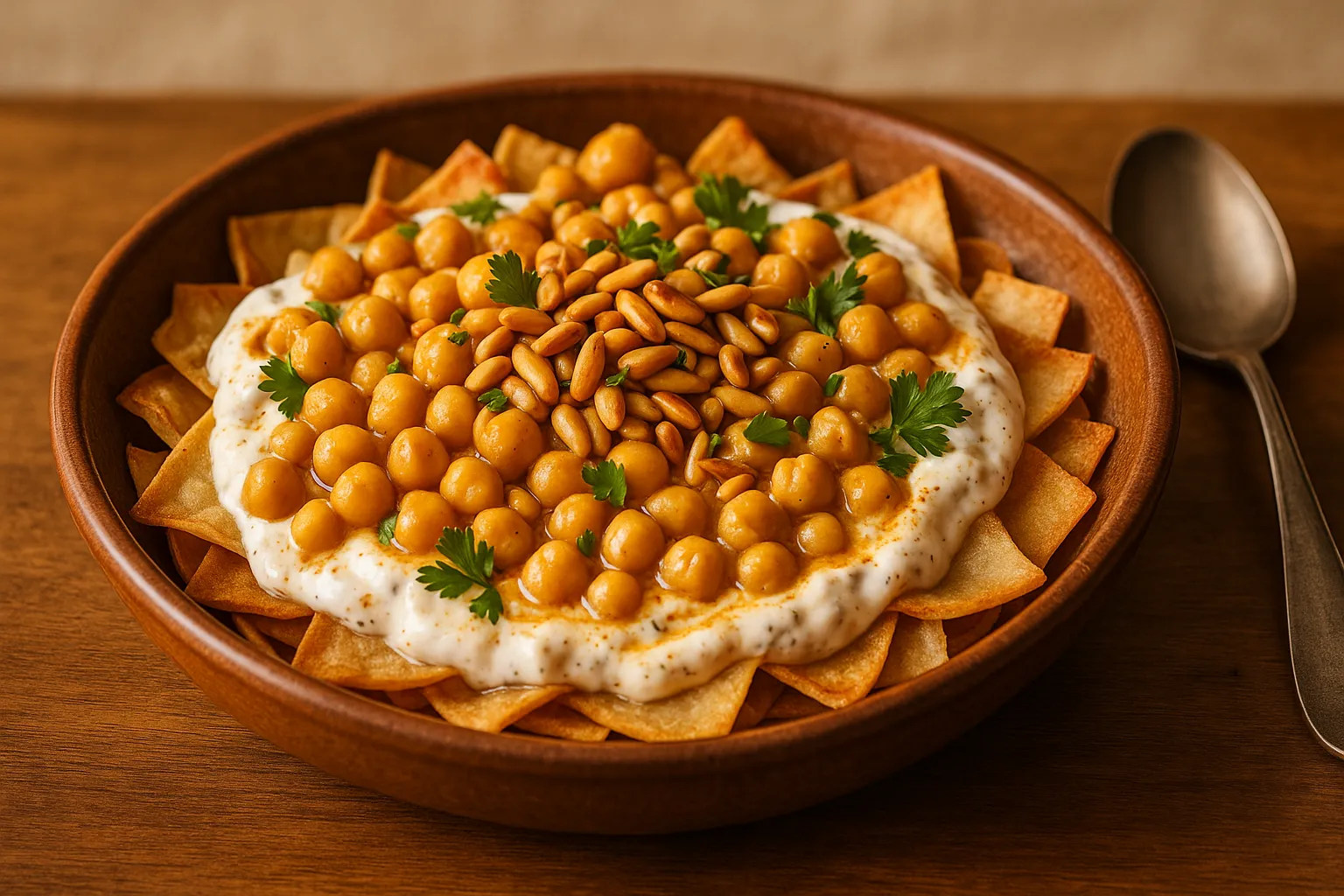 Finished and plated dish: Lebanese Baked Chickpea Fatteh
