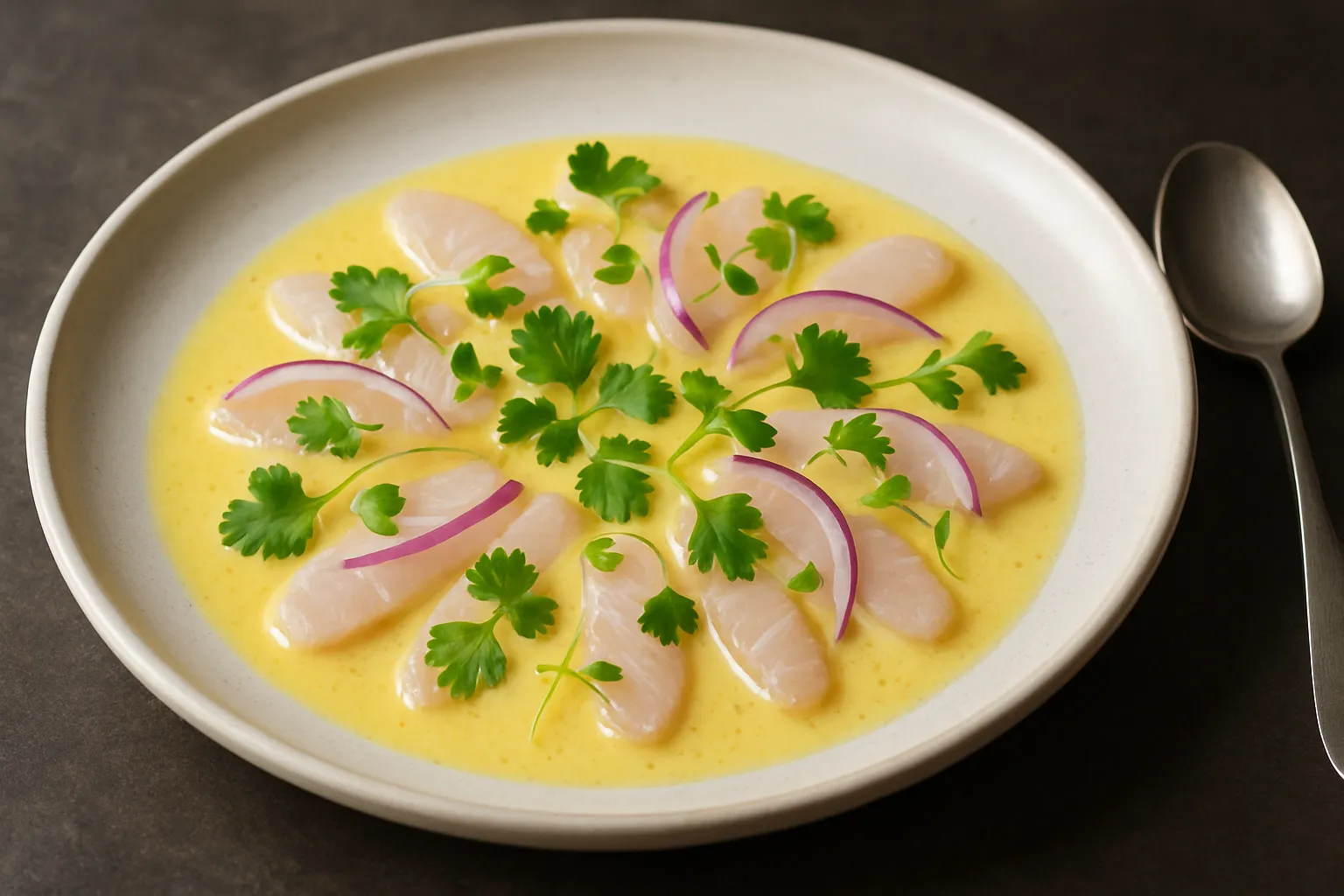 Finished and plated dish: Seabass Tiradito with Yellow Chili and Light Tiger's Milk