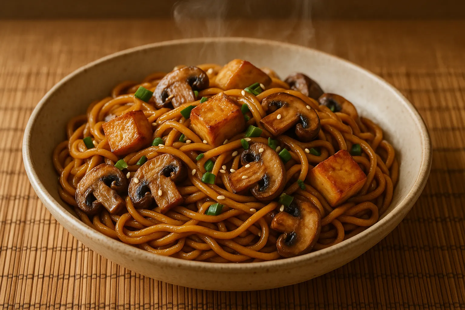 Finished and plated dish: Mushroom and Crispy Tofu Chow Mein