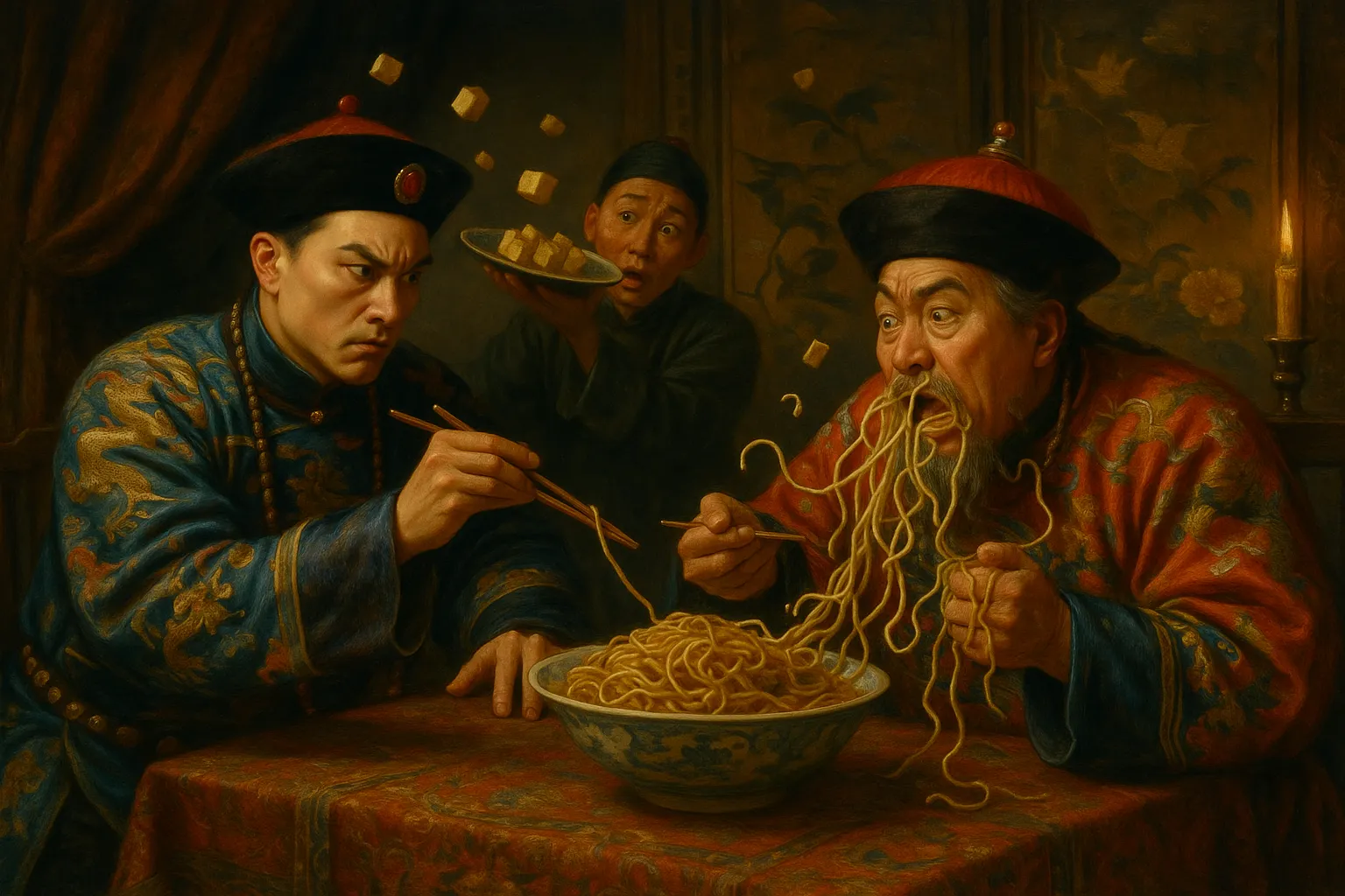 Composición final humorística de Mushroom and Crispy Tofu Chow Mein con Chinese noodles, Firm tofu, Mixed mushrooms, Vegetable oil, Garlic