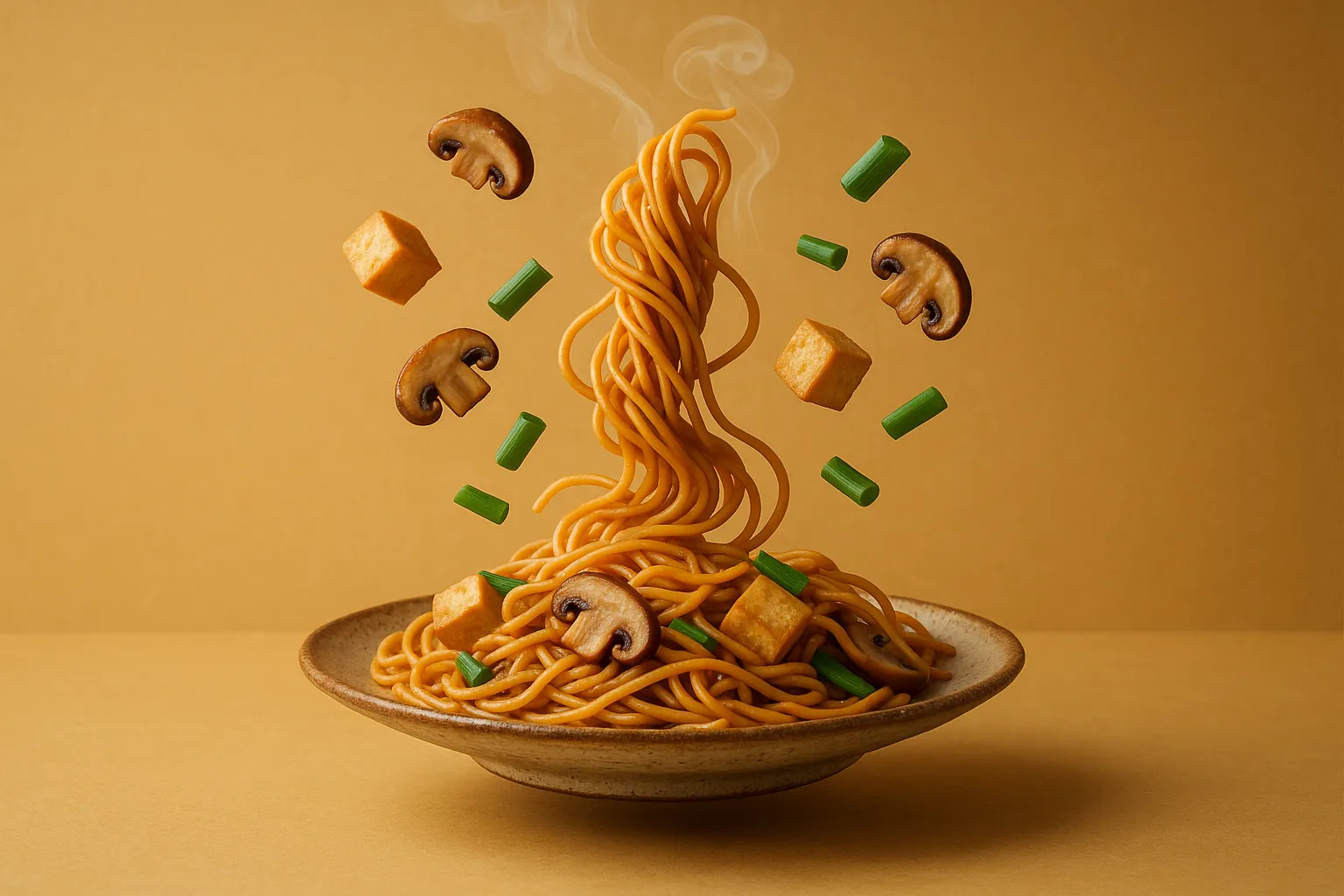 Portada de la receta Chow Mein de setas y tofu crocante