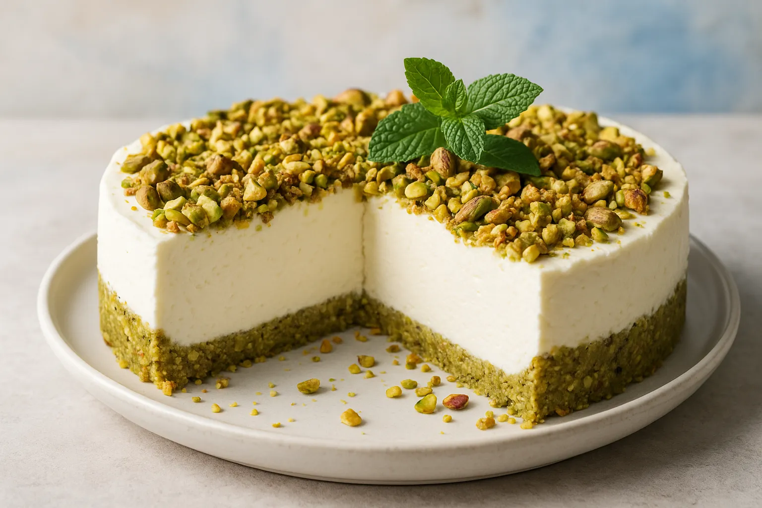 Finished and plated dish: Sugar-Free Greek Cheesecake with Pistachio Base