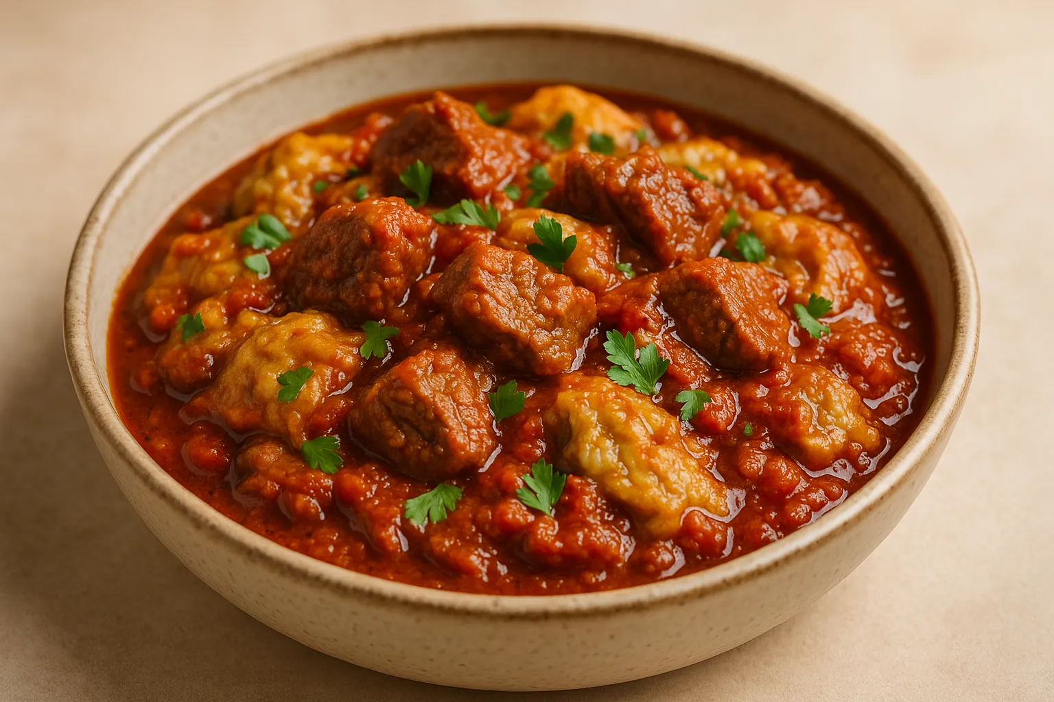Finished and plated dish: Turkish Lamb Stew with Smoked Eggplant