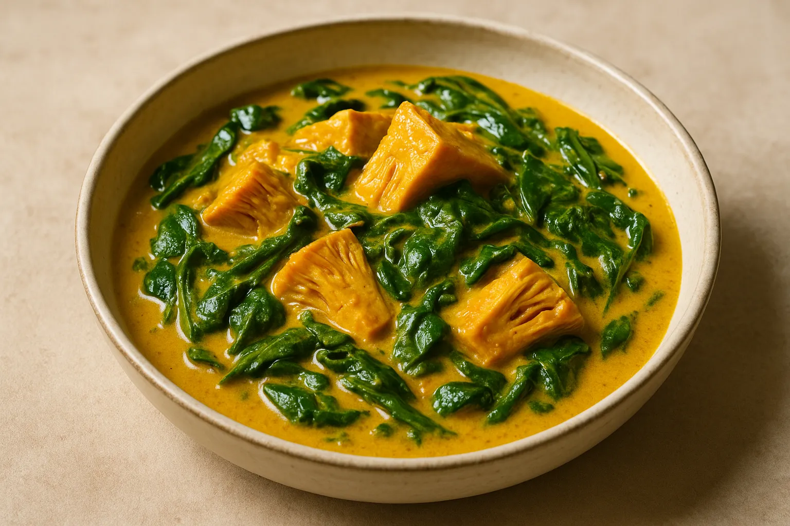 Finished and plated dish: Jackfruit and Spinach Coconut Curry