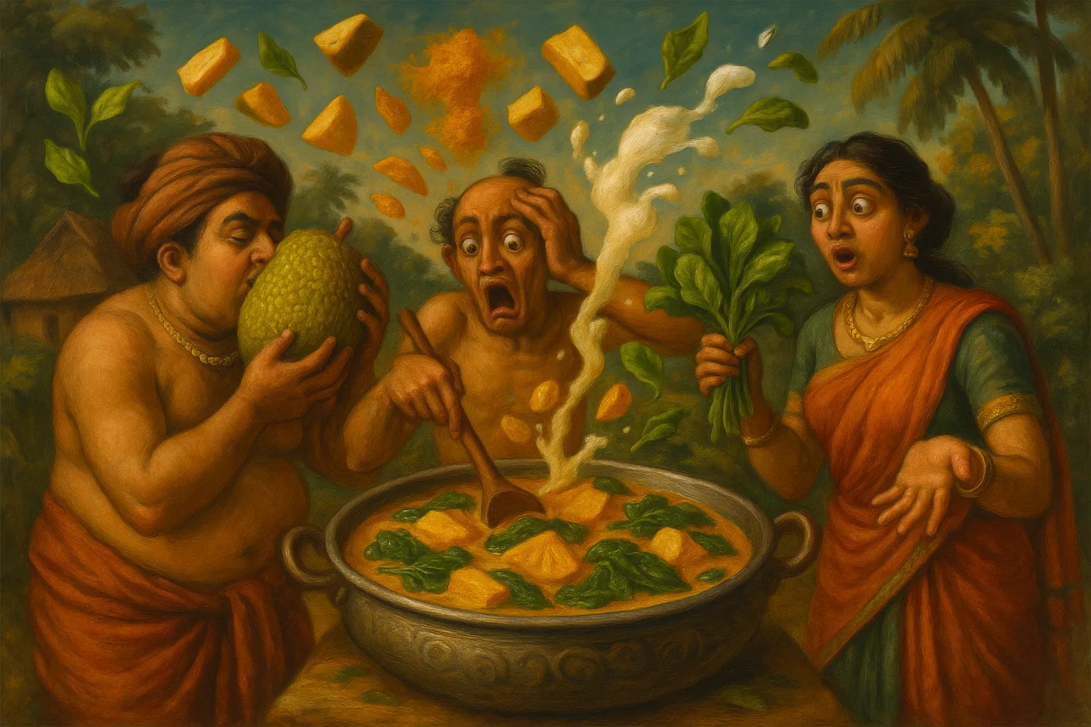 Composición final humorística de Jackfruit and Spinach Coconut Curry con Vegetable oil, Onion, Garlic, Turmeric, Ground cumin