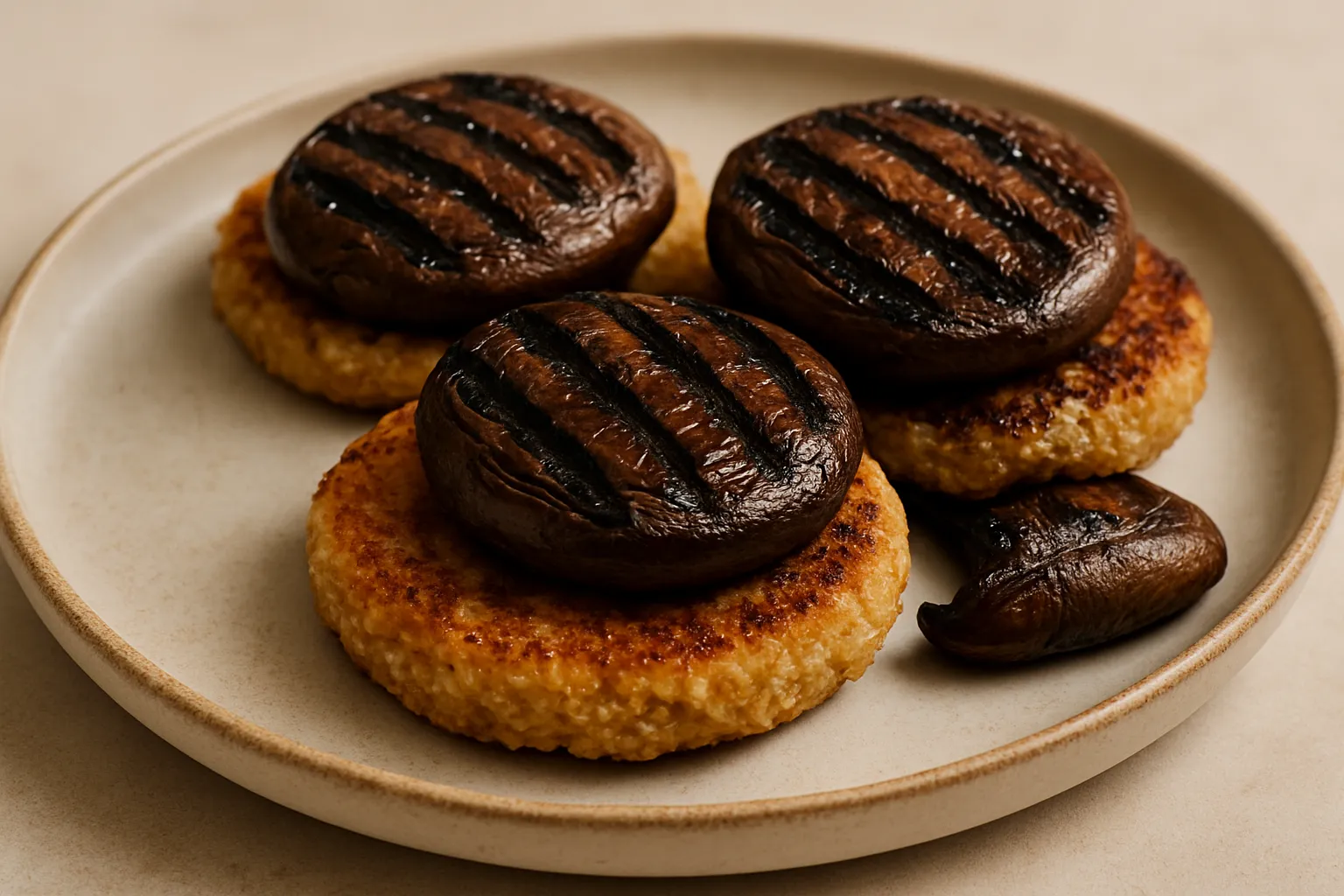 Finished and plated dish: Quinoa Arepas with Grilled Portobello Mushrooms