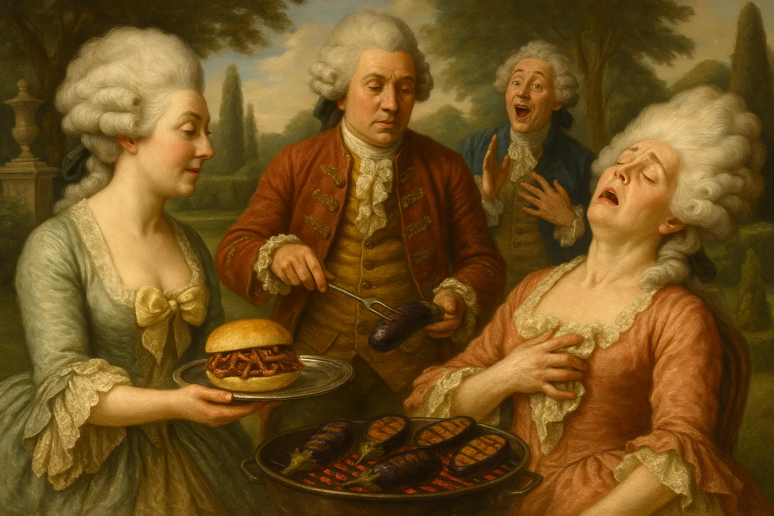 Composición final humorística de Vegan Smoky Carolina-style Eggplant BBQ con Eggplants, Olive oil, Red onion, Apple cider vinegar, Tomato paste