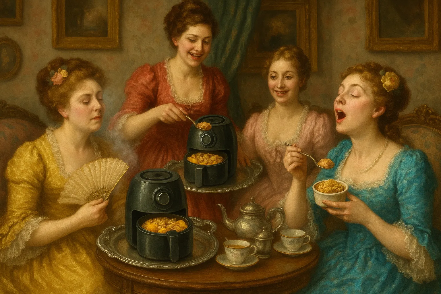 Composición final humorística de Mango and Lime Crumble in Air-Fryer con Ripe mango, Lime juice, Gluten-free oat flakes, Ground almonds, Coconut oil