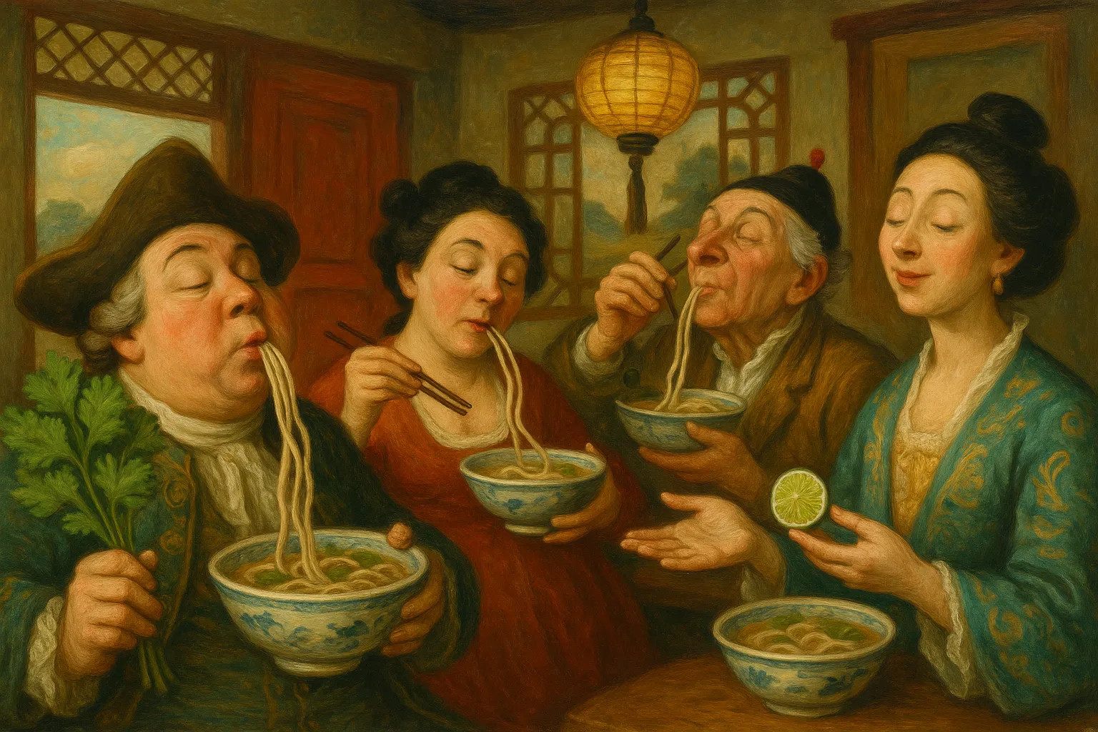 Composición final humorística de Vietnamese Chicken Pho with Free-Range Chicken con Free-range chicken (thighs or carcass), Thin rice noodles, Onion, Fresh ginger, Star anise