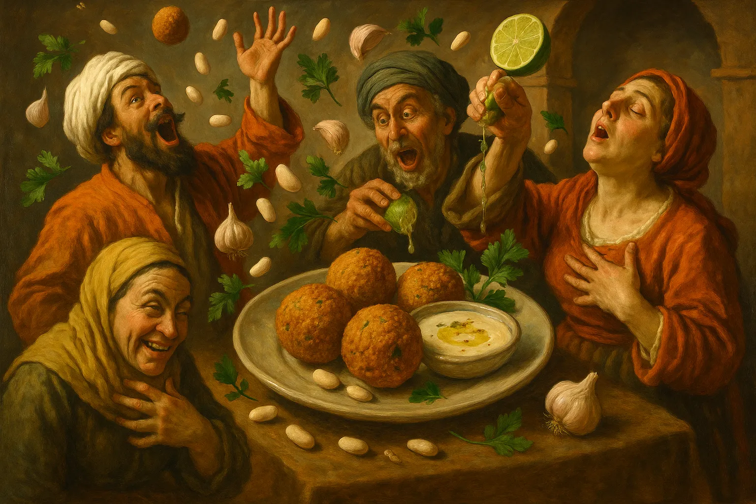 Composición final humorística de White Bean Falafel with Tahini-Lime Sauce con Cooked white beans, Onion, Garlic cloves, Fresh parsley, Ground cumin