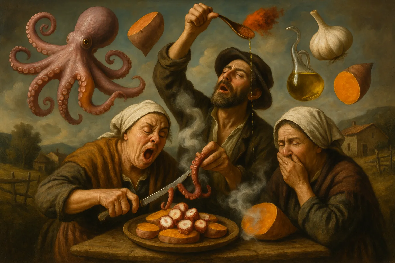 Composición final humorística de Warm Octopus Salad with Smoked Sweet Potato con Octopus, Sweet potato, Garlic, Extra virgin olive oil, Smoked paprika