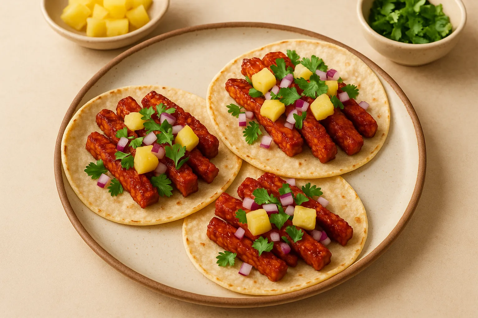 Finished and plated dish: Tempeh Tacos al Pastor