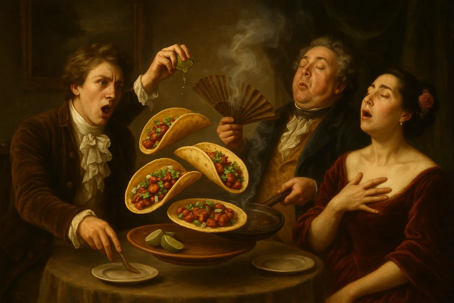 Composición final humorística de Tempeh Tacos al Pastor con Tempeh, Achiote paste, Apple cider vinegar, Garlic, Hydrated guajillo chili